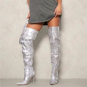 Fashion Nova Silver Thigh-High Boots